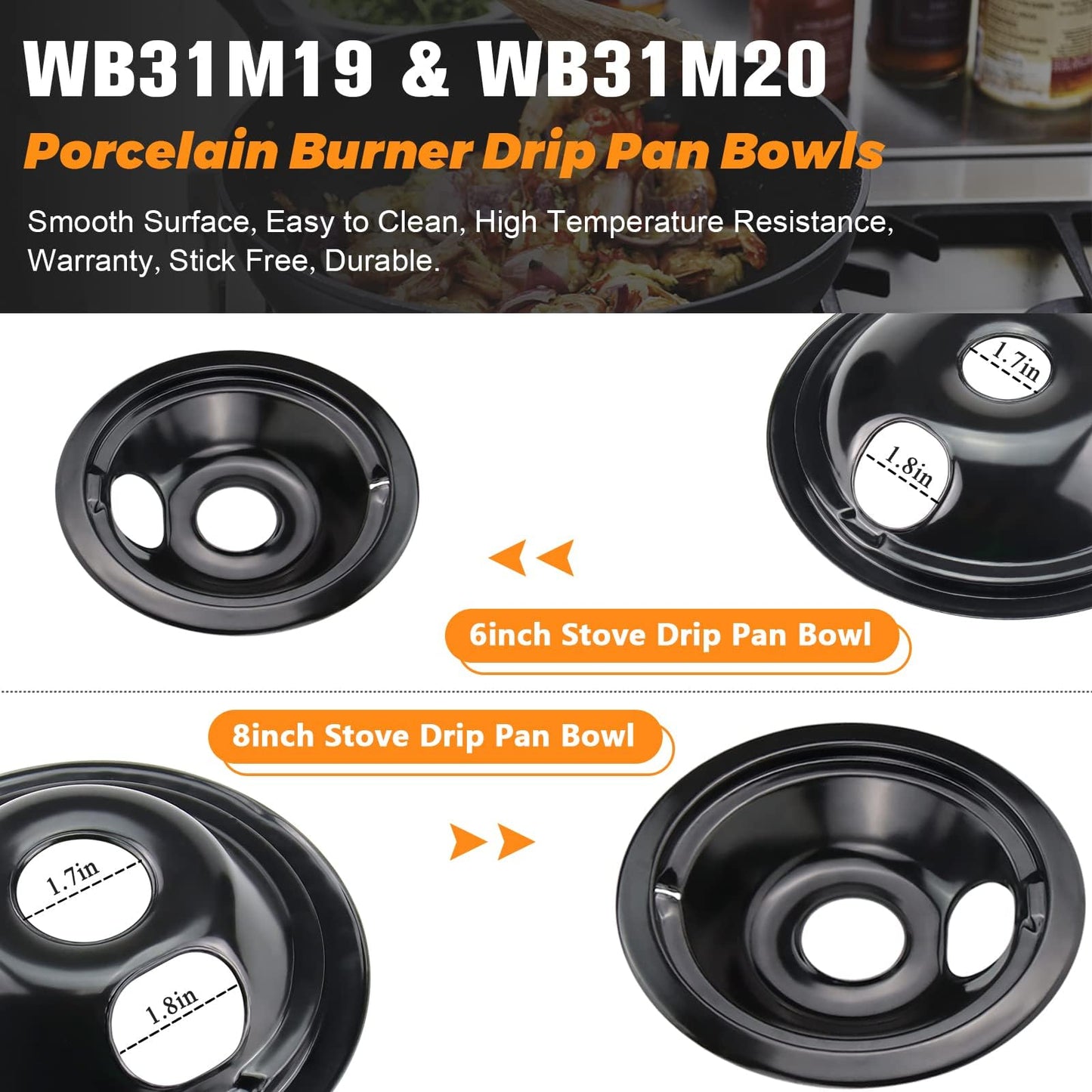 WB31M19 WB31M20 Stove Burner Drip Pans Black Compatible for GE Hotpoint Electric Stove Burner Range Cooktop Includes (2) 6" and (2) 8" black Drip Pans