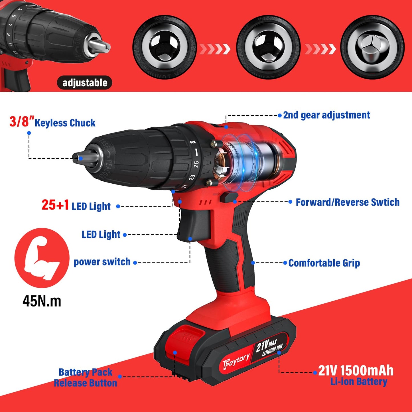 21V Cordless Drill,Electric Screwdriver Set,45Nm Cordless Combi Drill with 29PCS Accessories, 2 Variable Speed 25+1 Torque Setting, Trigger-Activated LED for Home DIY Project Kit