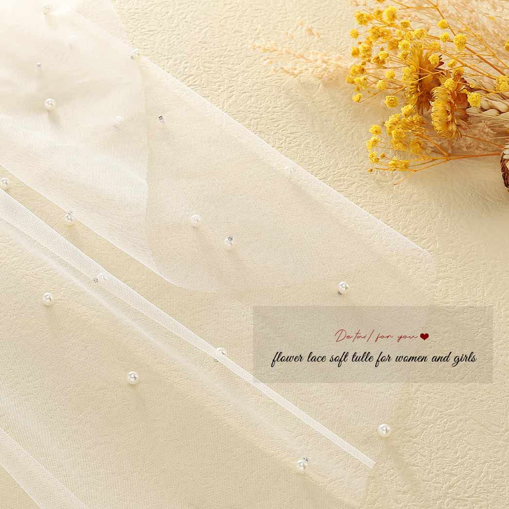 HEREAD Pearl Bride Wedding Veil White Fingertip Cathedral Bridal Tulle Veils Hair Accessories with Comb and Cut Edge, White, 106.2" Length
