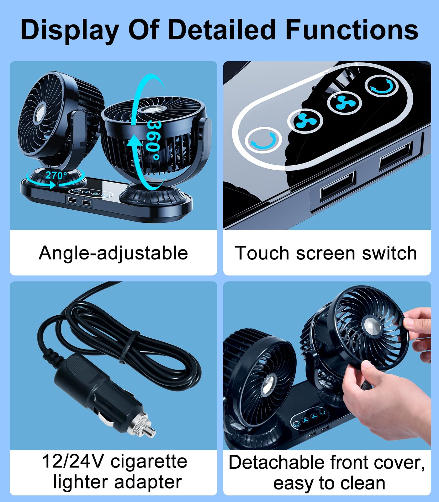 DICMKY Dual Head Auto Oscillating Car Cooling Fan for Dashboard, DC 12V / 24V Cigarette Lighter Plug Car Fans That Blow Cold Air Cooler for Vehicles Sedan SUV Rv Van Truck Utv Tractor Cab Without AC