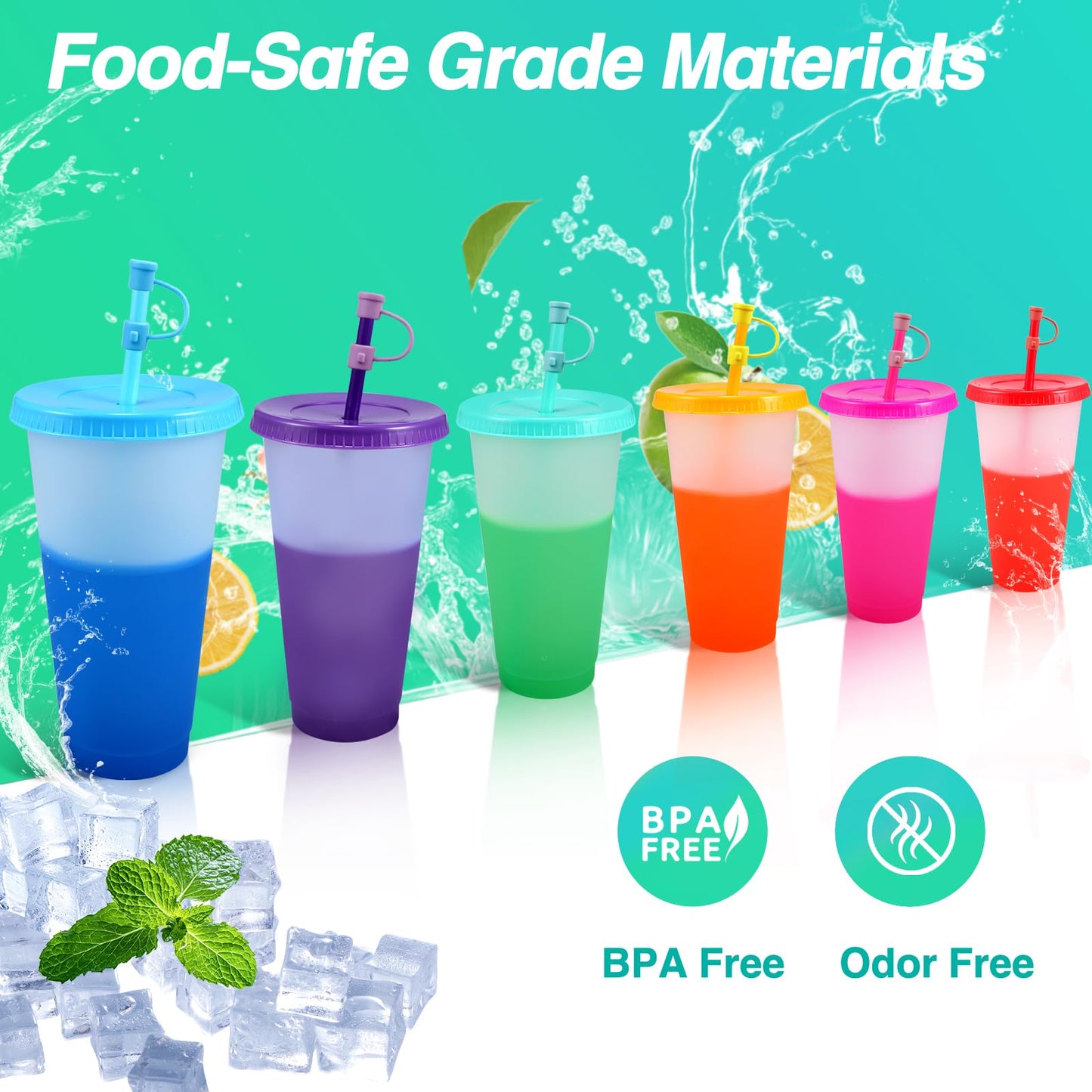 EASEVE 12 Pack 24oz Color Changing Cups Tumblers with Lids & Straws Cover - Reusable Plastic Iced Coffee Cup Party Tumbler for Adults Travel Mugs for Drinks (with Straw Cover)