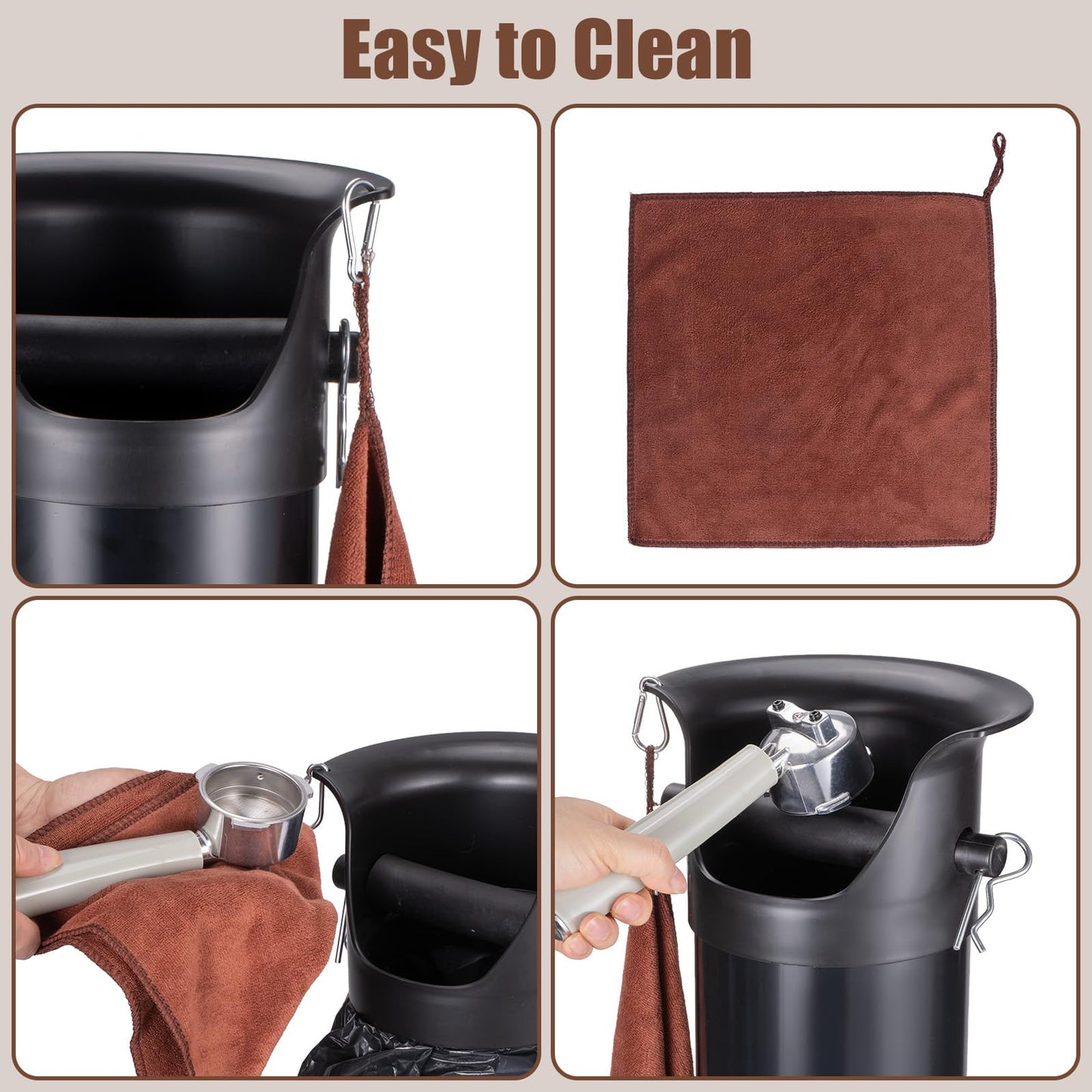 Coffee Knock Box Set with Cleaning Cloth, Brush & 50 Garbage Bags - 10.8×10.8×15.7in Countertop Coffee Waste Container for Home Baristas