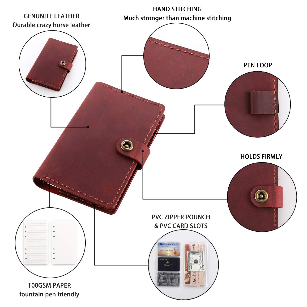 Leather Journal Refillable Writing Notebook, A6 Personal Size 6 Ring Binder Spiral Notebook, Handmade Genuine Leather Refillable Journal Binder Diary, Pocket Binder Traveler Notebook-Wine