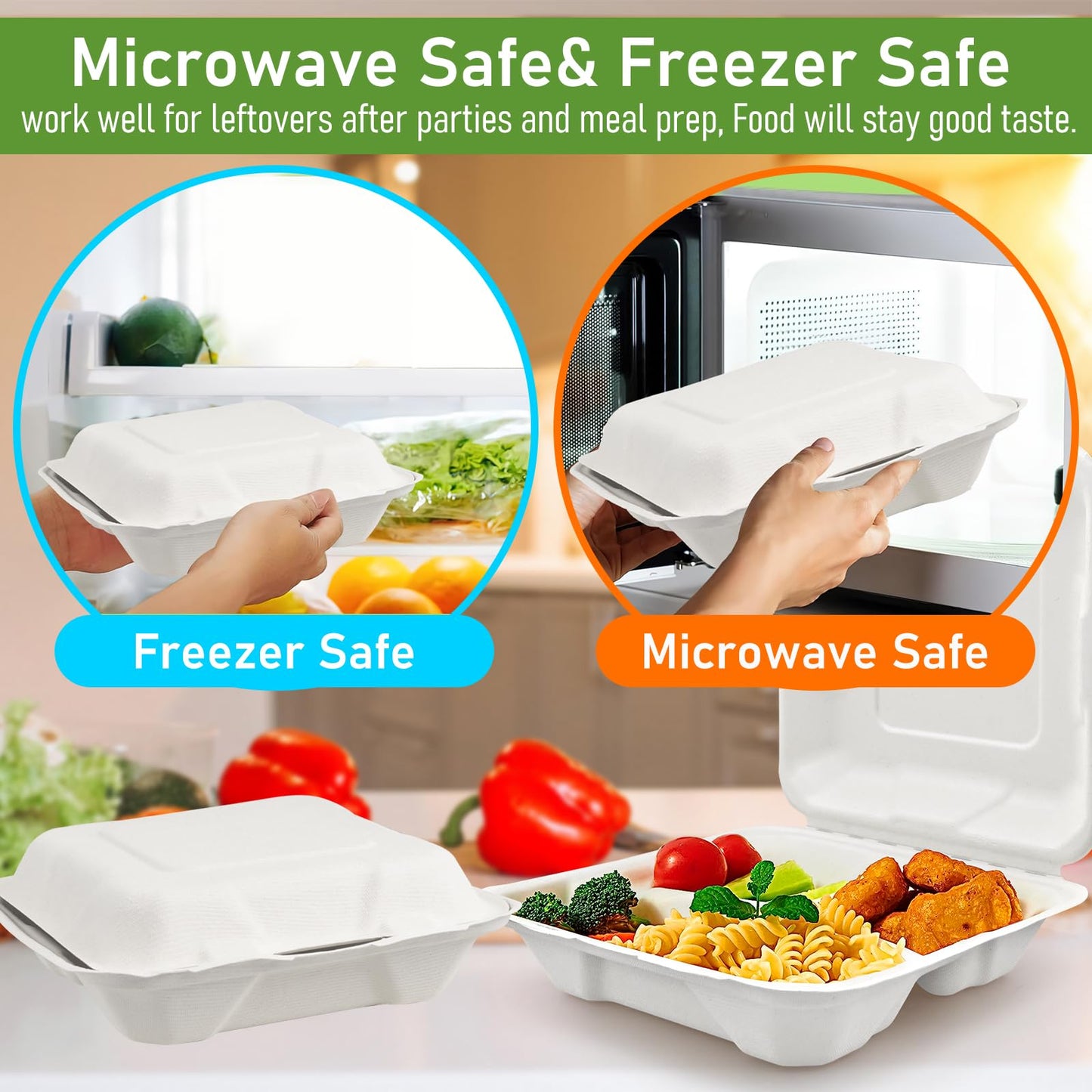 8X8" 3 Compartment 80-Pack Plastic Clamshell Take Out Food Containers, Heavy Duty To-go Disposable Lunch Box For Cake, Sandwich, Salad,Dessert, Restaurant Meal Prep Packaging Catering Hinged Container