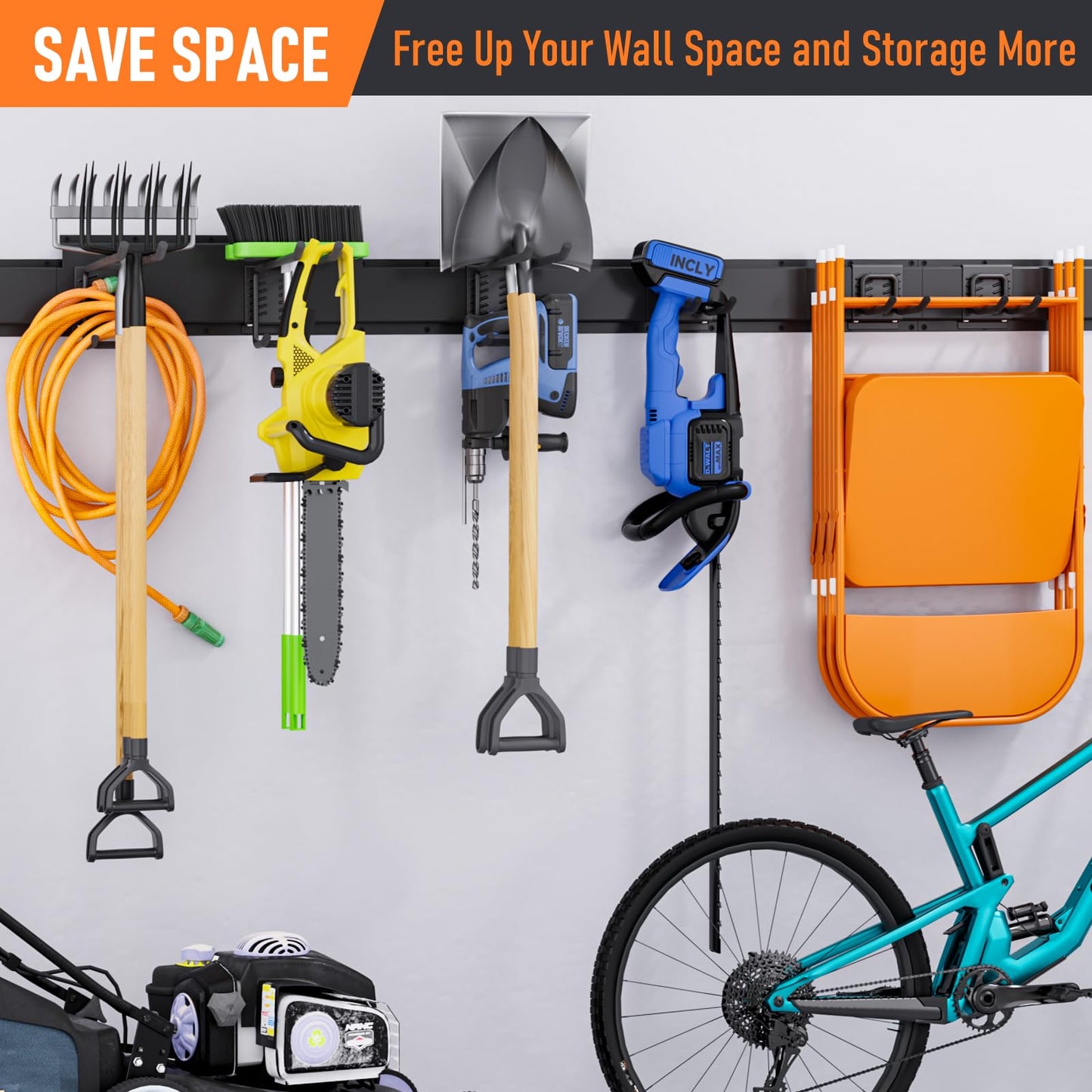INCLY Garage Tool Wall Organizer Storage, 48 Inch Heavy Duty Garden Tool Storage Rack Garage Organization with 6 Adjustable Metal hooks, 3 Tracks for Tool Hanging Max Load 390lbs