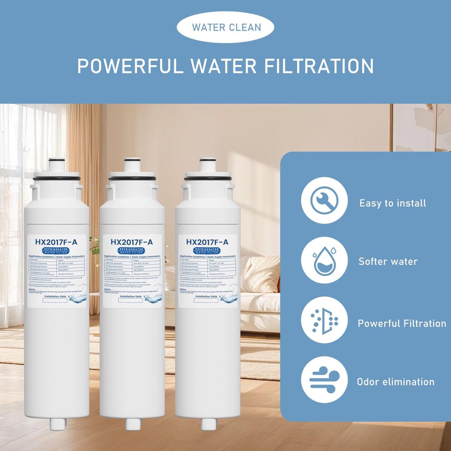HX2017FR-A HX2017F-A Water Filter Cartridge Compatible with Hisense HRF266N6CSE1, HRF266N6CSE, HRF209N6CSE, HRF254N6TSE, HRF254N6DSE Twist-In Models, 3 Packs