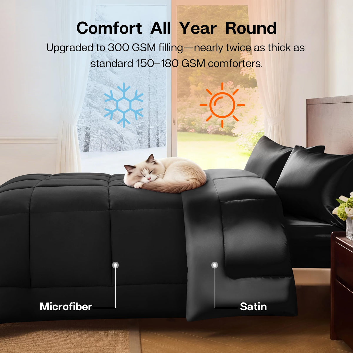 MR&HM Queen Comforter Set Black, Reversible Satin Microfiber Comforter Set for All Seasons, 3 Pieces Non-Slip Silky Soft Bedding Sets with 1 Comforter (90"x90") and 2 Pillowcases (20"x26")