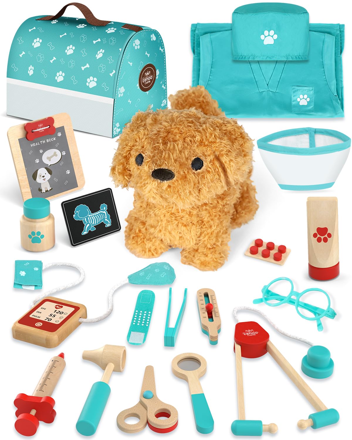 Lehoo Castle Wooden Doctor Kit for Kids, Vet Play Sets, Veterinarian Kit for Toddlers, Kids Doctors Play Set with Dog Bag, Medical Doctor Toys Gift for Boys Girls Aged 3 4 5 6 7