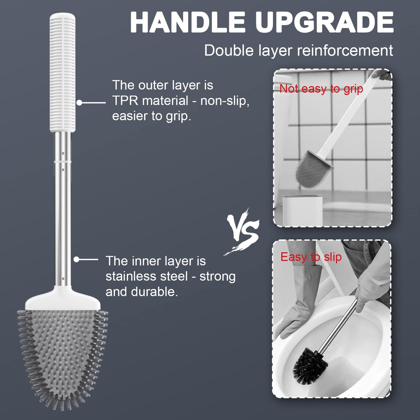 ASOBEAGE Toilet Brush,Deep Cleaner Silicone Toilet Brushes with No-Slip Long Plastic Handle and Flexible Bristles, Silicone Toilet Brush with Quick Drying Holder Set for Toilet (White-New,2 Pack