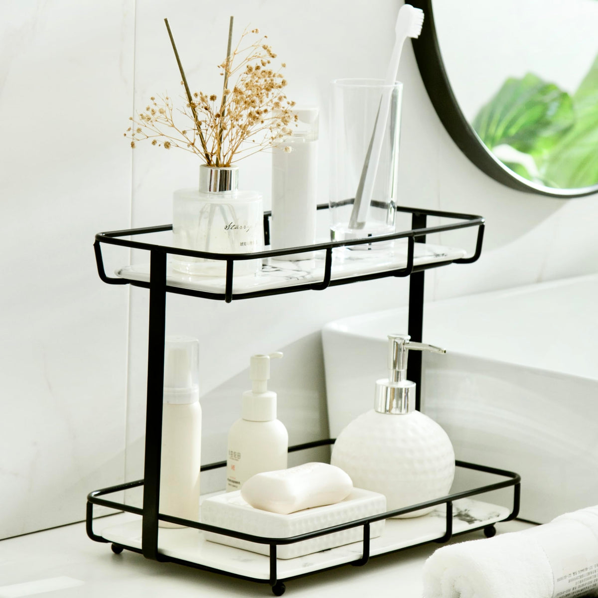 Dobbyby Bathroom Organizer Countertop Perfume Organizer Makeup Organizer Cosmetics Storage Display Rack 2 Tier Vanity Tray Dresser Stainless Steel Shelf Marble Print Ceramic Tray (2 Tier L-Black)