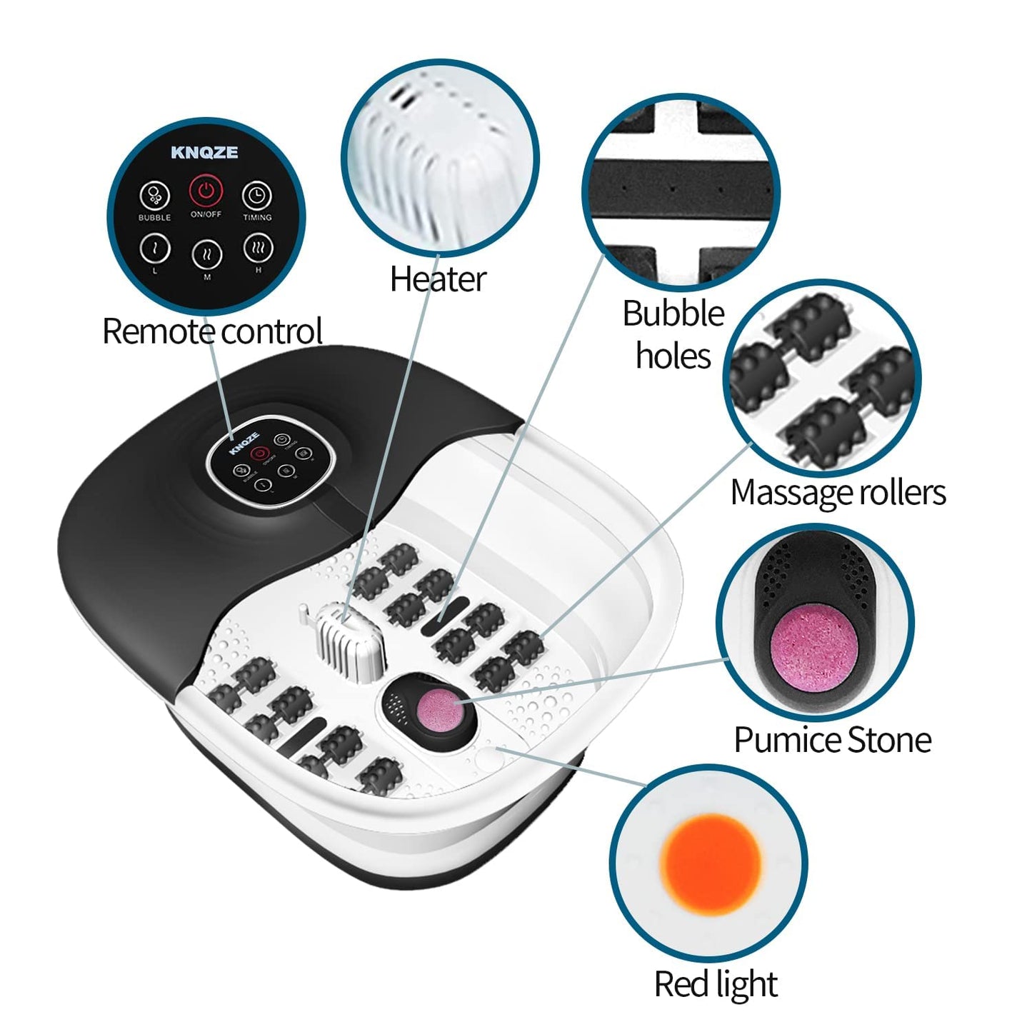 Collapsible Foot Spa Bath with Heat, Remote Control, Temperature Control, Bubbles, Pumice Stone, Red Light, Timer, 16 Massage Roller Pedicure Foot Spa Tub Foot Soaker for Soothe & Relax Tired Feet