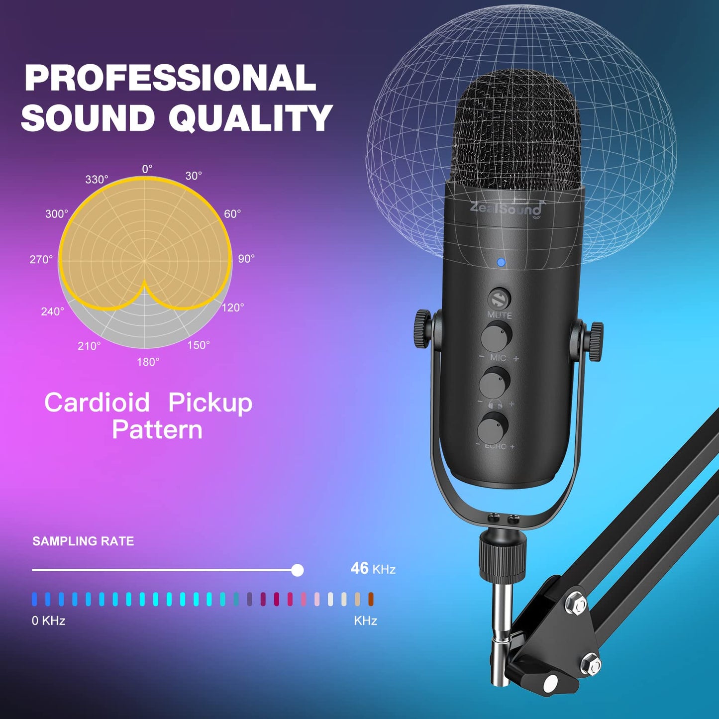 USB Gaming Microphone,ZealSound Noise Cancellation Mic Kit for Phone PC Computer Tablet with Boom Arm Stand,Podcast Condenser Mic set,Mute Button,Echo&Volume Gain Knob,Monitor,Streaming Recording ASMR