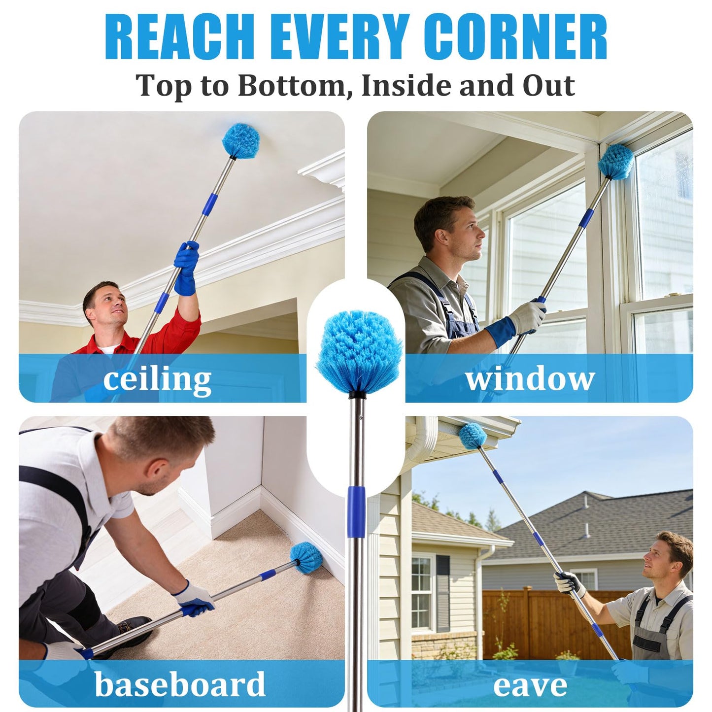 Cobweb Duster with Extension Pole - 8 FT Lightweight Stainless Steel Extendable Duster Ceiling Fan Duster for High Ceilings, Medium Stiff PET Bristle Spider Web Brush for Indoor/Outdoor Cleaning
