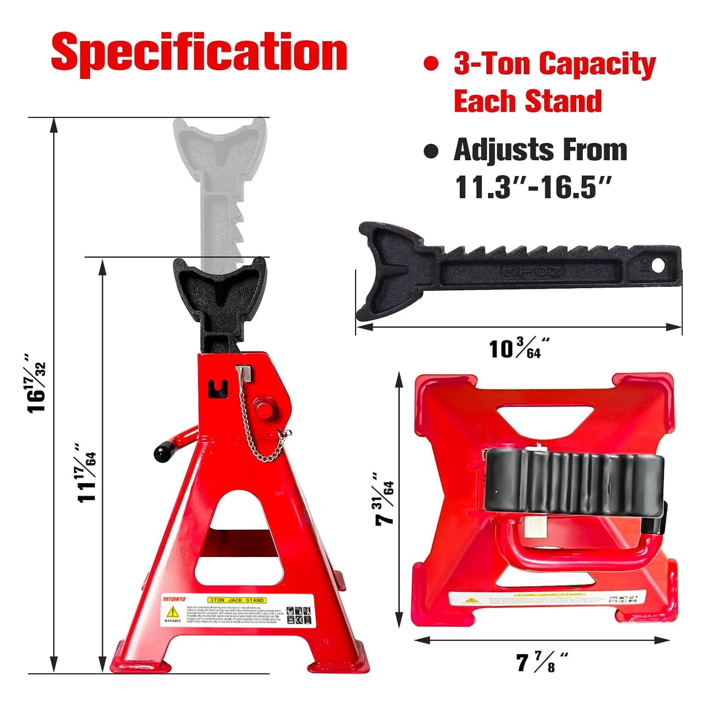 Jack Stands 3 Ton (6,600 LBs), 11.22"-16.54" Adjustable with Double Pin Locking for Reinforced Safety. Car Jack Stand with Extra Rubber Pads for Trucks, Home,Garage,Lifting,1 Pair Red