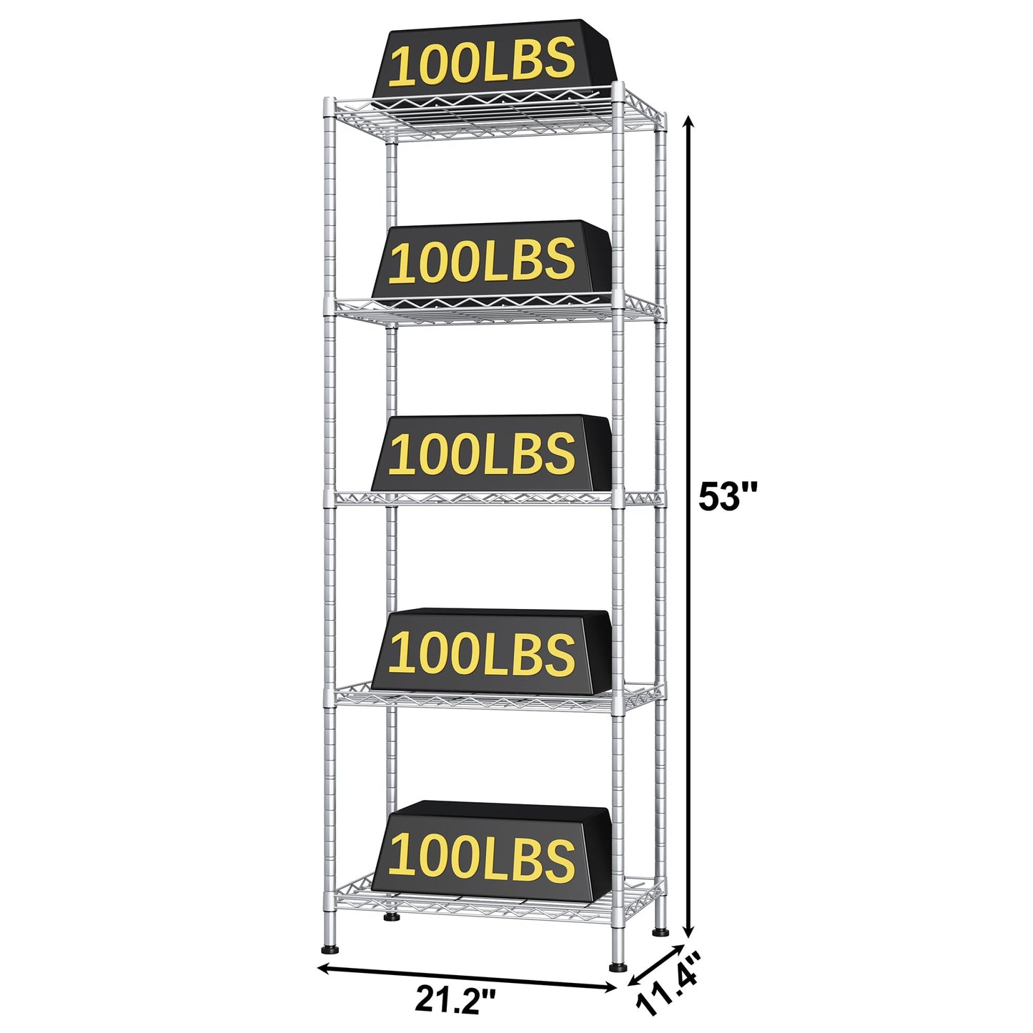 HOMEFORT 5-Shelving Unit, Adjustable Wire Shelving, Metal Wire Shelf Rack Organizer for Kitchen, Pantry, Closet, Bathroom, Laundry,Sliver,21" W x 11" D x 53" H