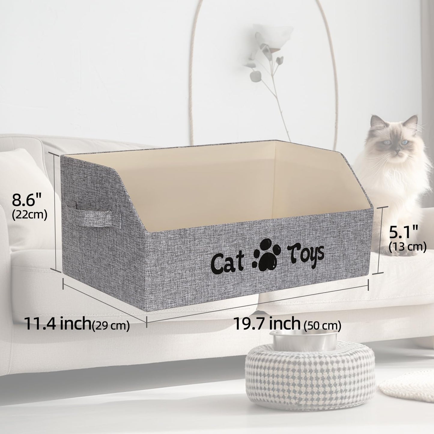 BinWhiz 19.7 in Cat Toy Bin, Cat Toy Storage Box Kitten Toy Basket Collapsible Pet Supplies Storage Chest Holder Organizer with Handles for Organizing Dogs Cats Toys Clothes Accessories, Gray