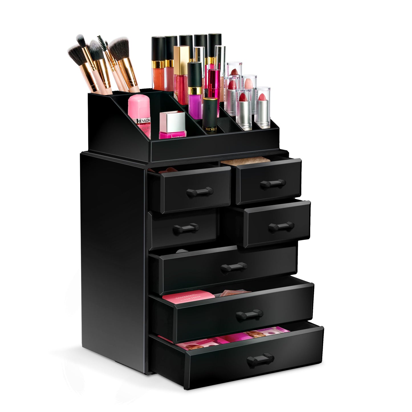 Sorbus Makeup Organizer, Brush Holder and Make Up Storage Drawers - Acrylic Makeup Organizer for Vanity, Bathroom - Cosmetic Display Cases with 3 Large, 4 Small Drawers & 1 Tray for Makeup Brush