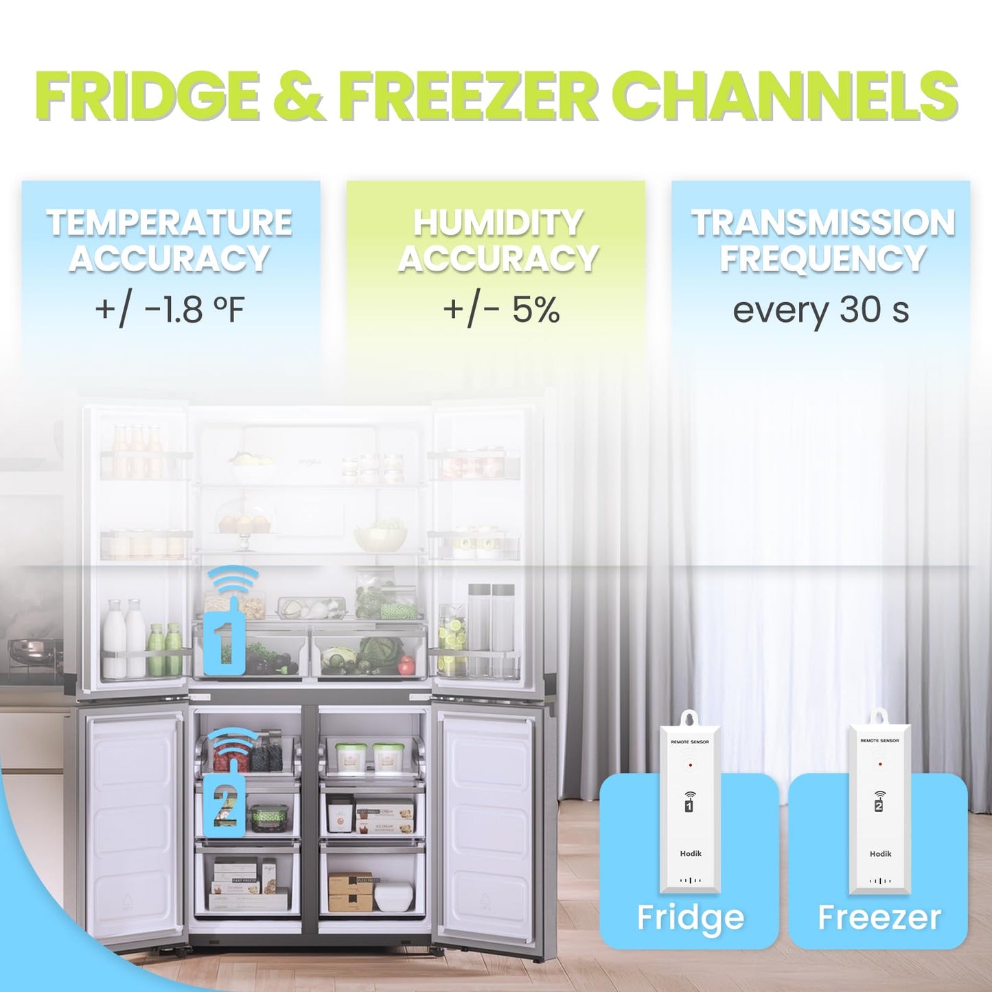 HODIK Refrigerator Thermometer with Alarm Fridge Freezer Thermometer, 100M Range Wireless Digital Thermometer with 3 Adjustable Backlight for Kitchen Home Restaurant