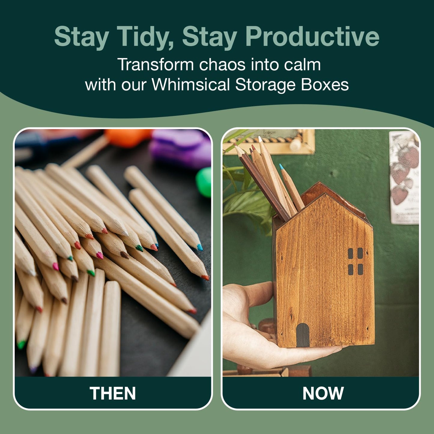 4-piece Kids Wooden Study Desk Organizers - Whimsical Farmhouse Style Table Decor Storage Box for Teacher Supplies - Girls Room Pencil Holder for Desk - Art & Stationery Supplies Organizer