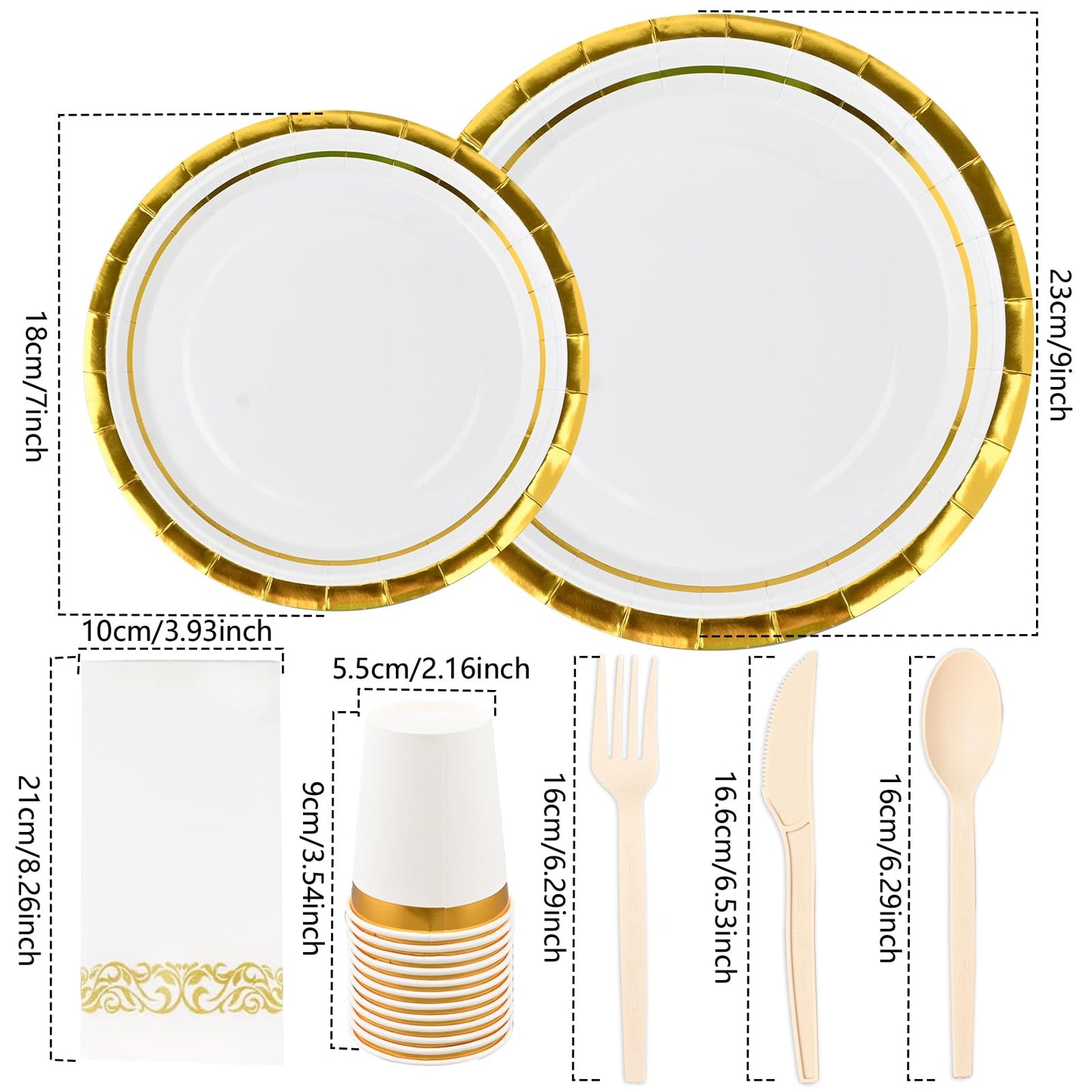 350 Pieces Gold Rim Party Supplies - Disposable Dinnerware Set Include 50 Dinner Plates, 50 Dessert Plates, 50 Cups, 50 Napkins and 50 Cutlery Set for Wedding Baby Shower Engagemen Christmas Party