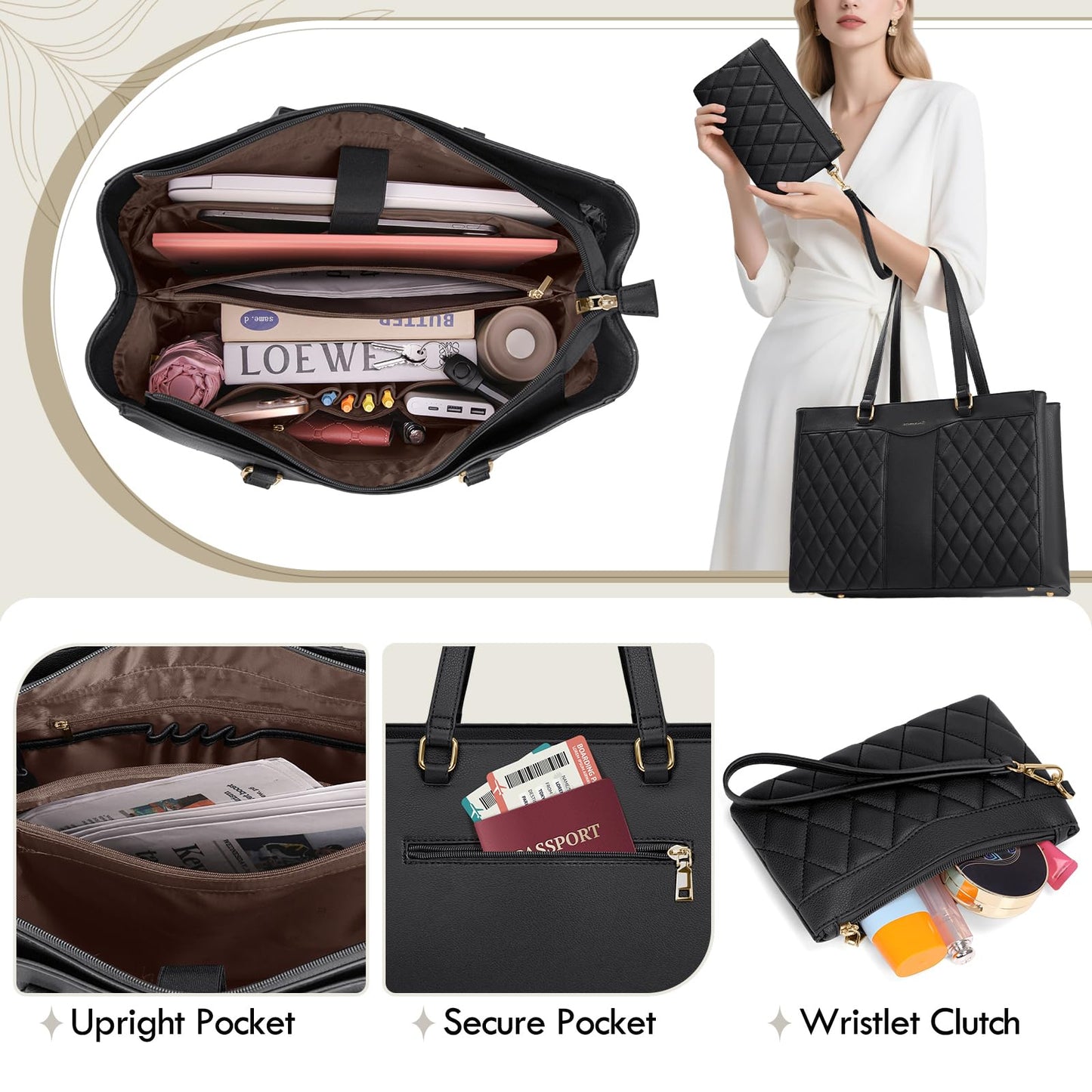 RAINSMORE Laptop Bag for Women 15.6 Inch Work Tote Bags Leather Laptop Tote Professional Laptop Purse Computer Handbag Womens Briefcase Tote with Clutch for Teacher Office Travel, Black