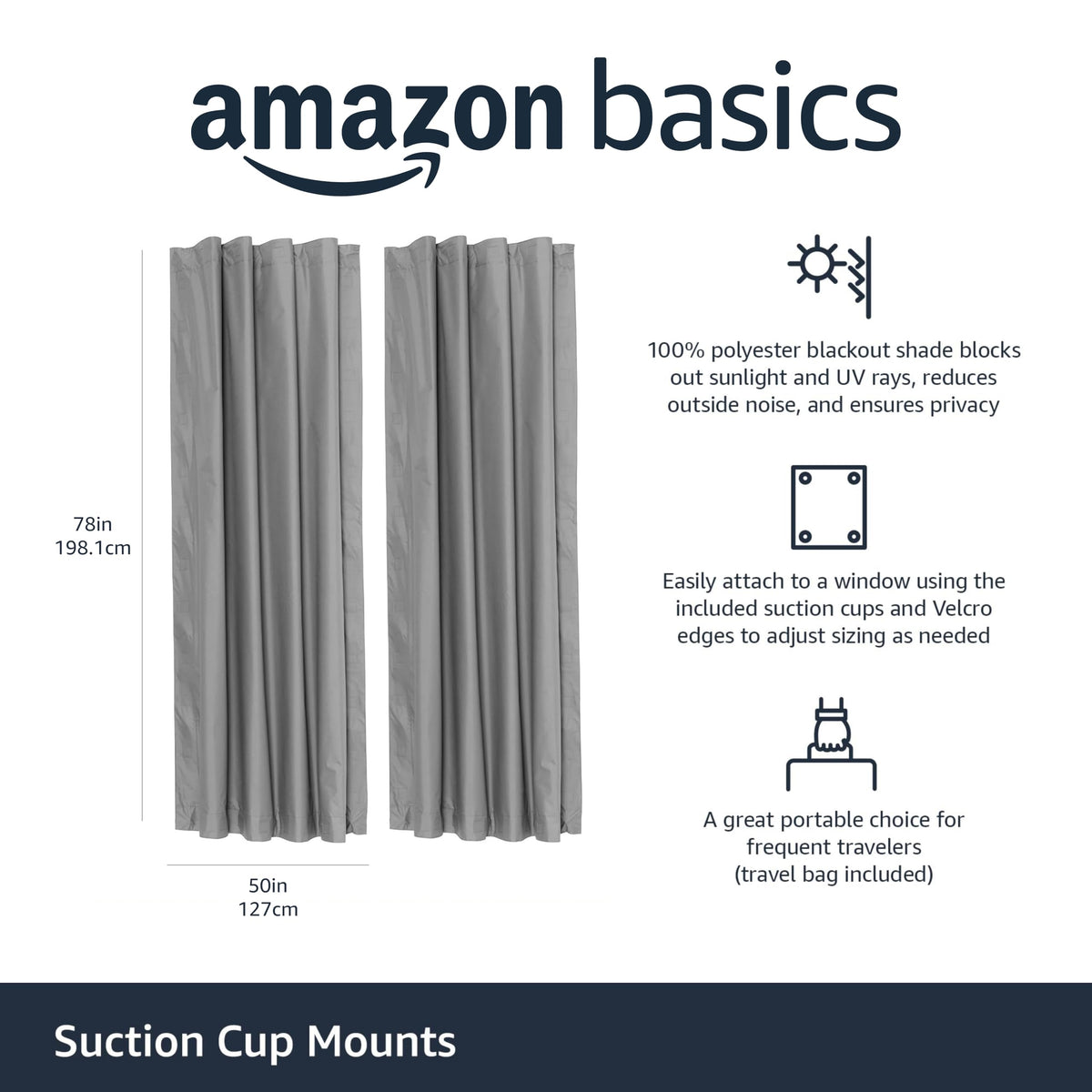 Amazon Basics Portable Window Blackout Curtain Shade with Suction Cups for Travel, Kids, and Baby Nursery - 127cm W x 198.12cm L, Dark Gray - 2-Pack