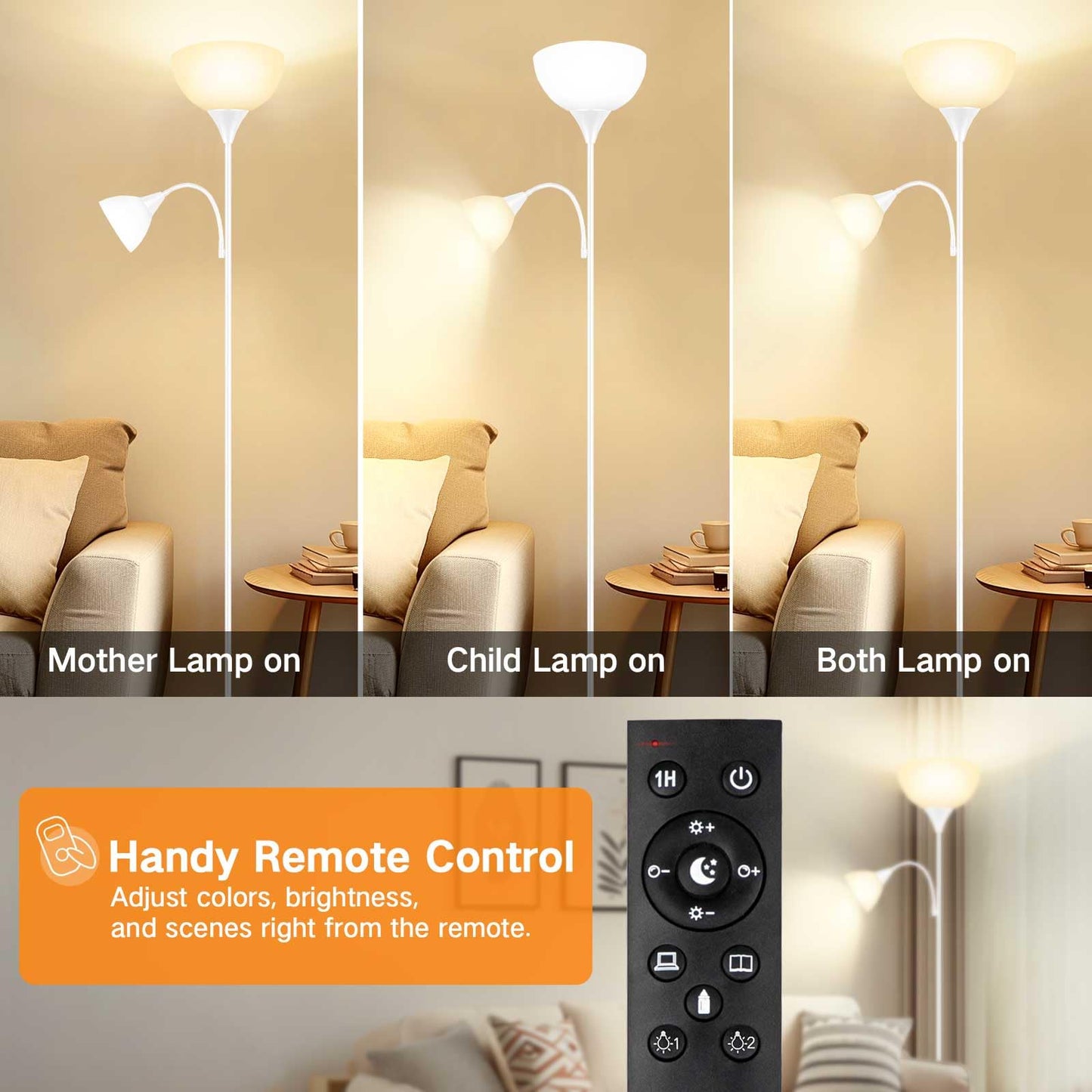 OUTON LED Floor Lamp, 70" Tall Torchiere Floor Lamp + Adjustable Reading Light, Modern Dimmable Standing Lamp with Remote Control, Corner Lamp for Living Room Bedroom Office, White