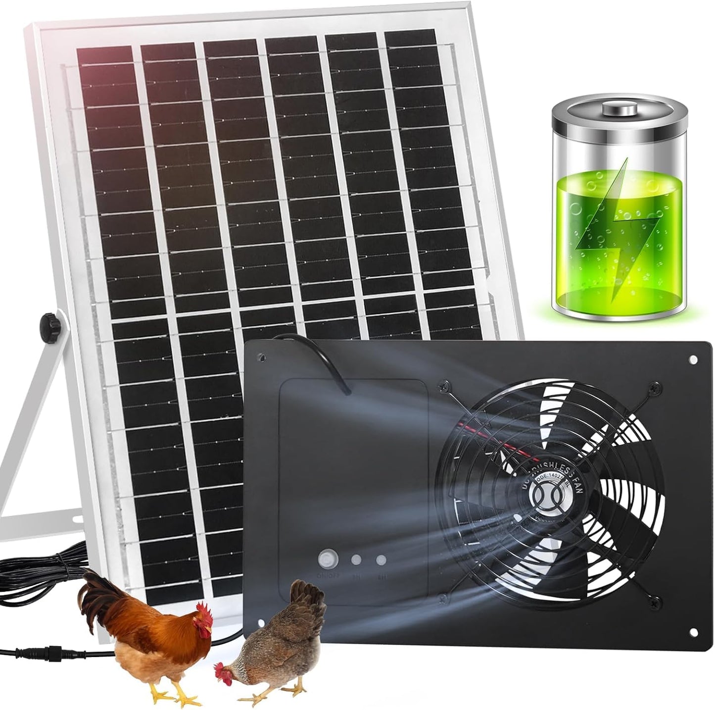 Solar Exhaust Fan with 6000mAh Battery & 3H/6H Timer – IP65 Waterproof, Quiet Solar-Powered Airflow System for Greenhouses, Chicken Coops, Dog Kennels, and Outdoor Sheds (Includes 16.4FT Cable) (1)