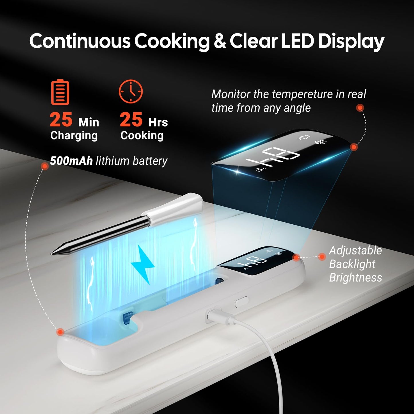 Wireless Meat Thermometer with Clear LED Display,1000FT Bluetooth Meat Thermometer Wireless, 60min Offline Data Storage, Smart Food Thermometer for BBQ, Grill, Rotisserie, Waterproof