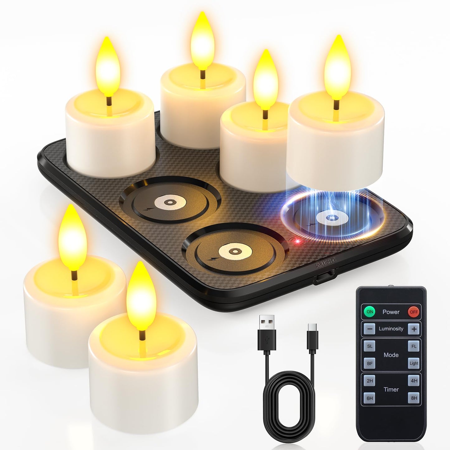 Yme Rechargeable Flameless Tea Lights Candles with Remote & Magnetic Charging Base, 6pcs Waterproof Battery Operated LED Flickering Votive Candles with Timer for Home Halloween Christmas Party Decor