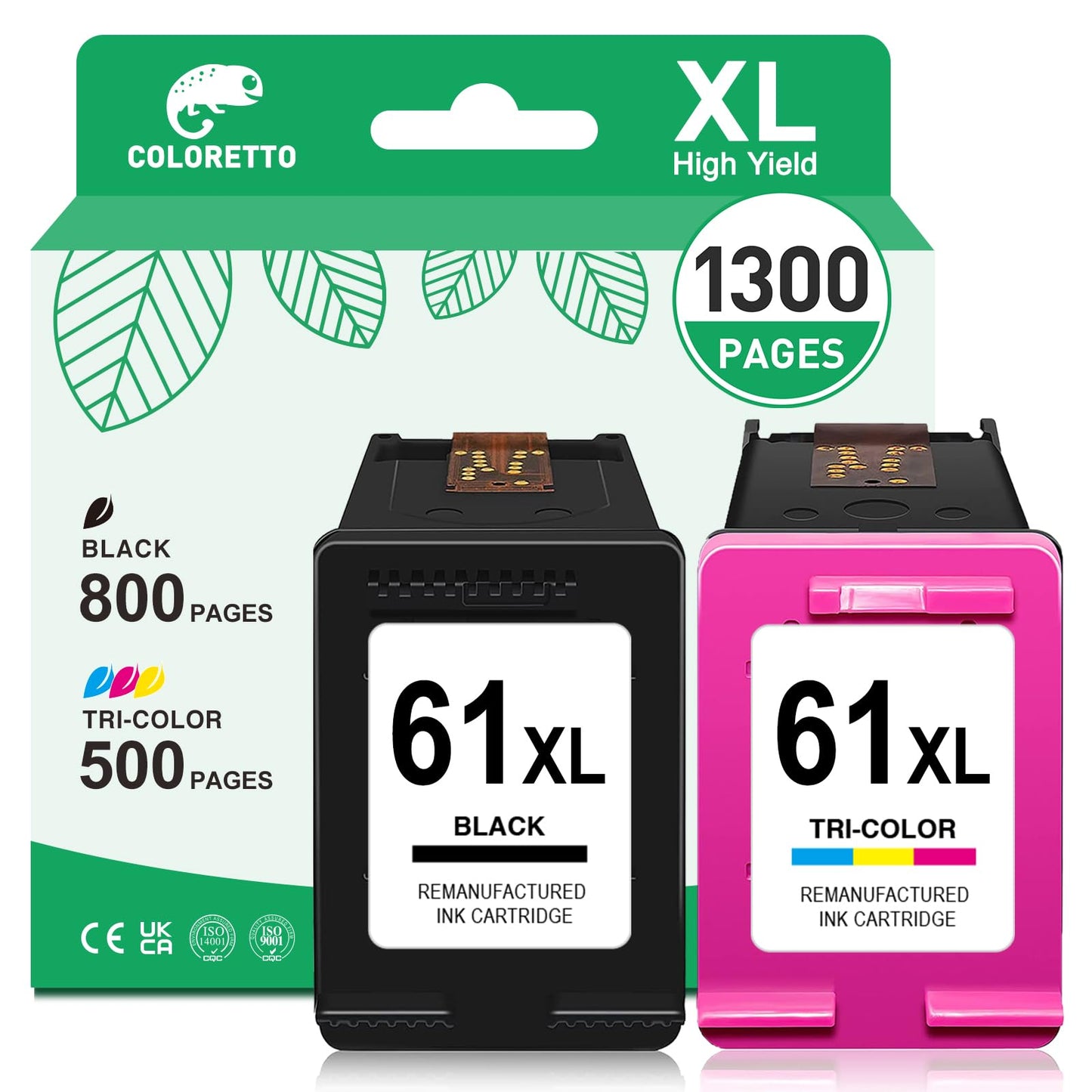 COLORETTO 61 XL 61XL Remanufactured Ink Cartridge Compatible with HP Envy 4500 4501 4502 5530 5531 Deskjet 1000 1010 1050 2512 2540 2542 Officejet 2620 2621 4630 4632 Printer 1 Black 1 Color 2-Pack