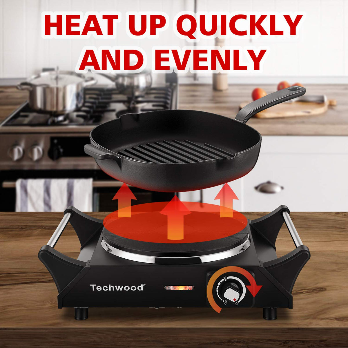 Techwood Hot Plate Portable Electric Stove 1500W Countertop Single Burner with Adjustable Temperature & Stay Cool Handles, 7.5” Cooktop for Dorm Office/Home/Camp, Compatible for All Cookwares