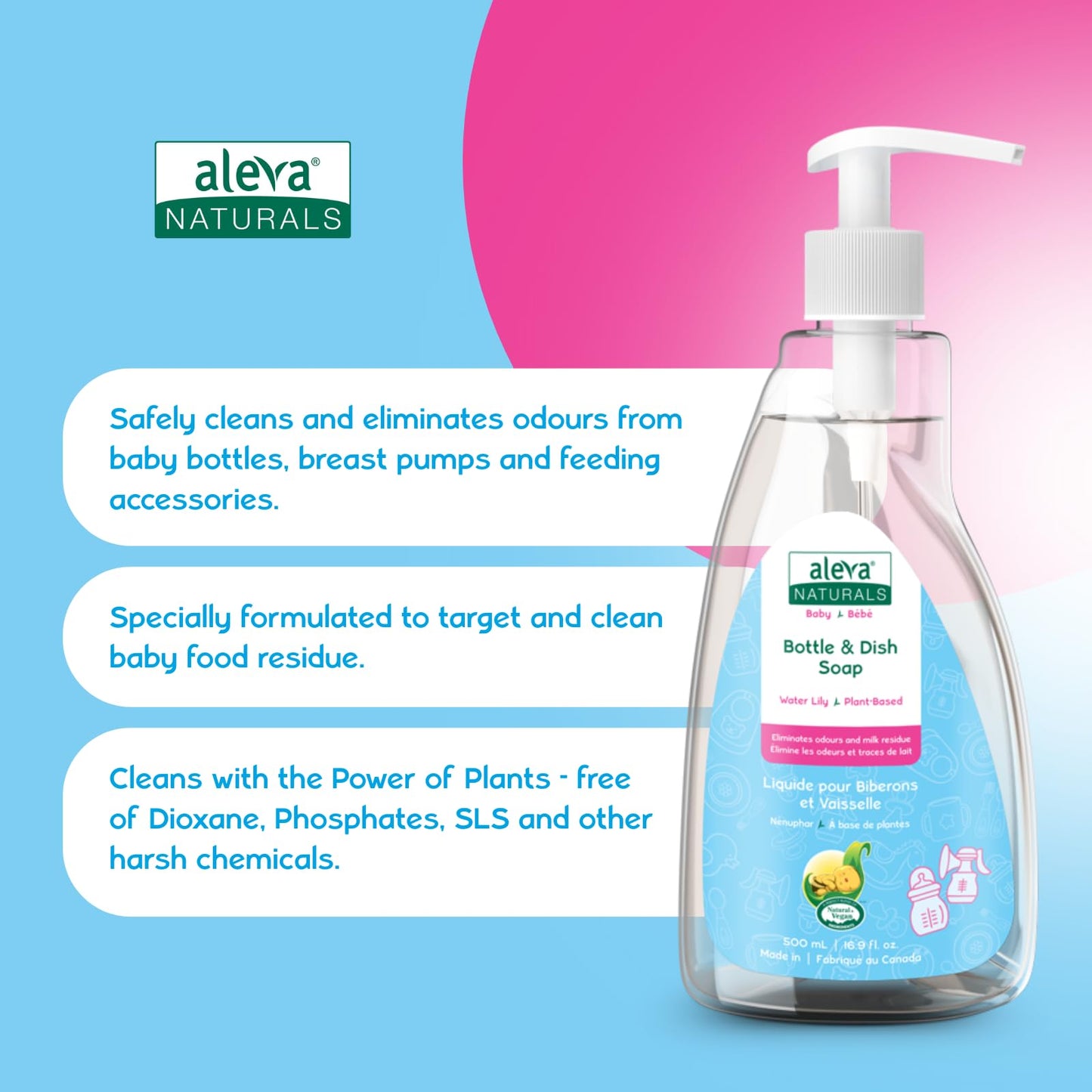Aleva Naturals Hypoallergenic Bottle and Dish Wash Liquid - Plant-Based Cruelty-Free Formula with Refreshing Water Lily Scent, Dish Soap to Clean Baby Feeding Cups - 3L VALUE PACK (500ml x 6)