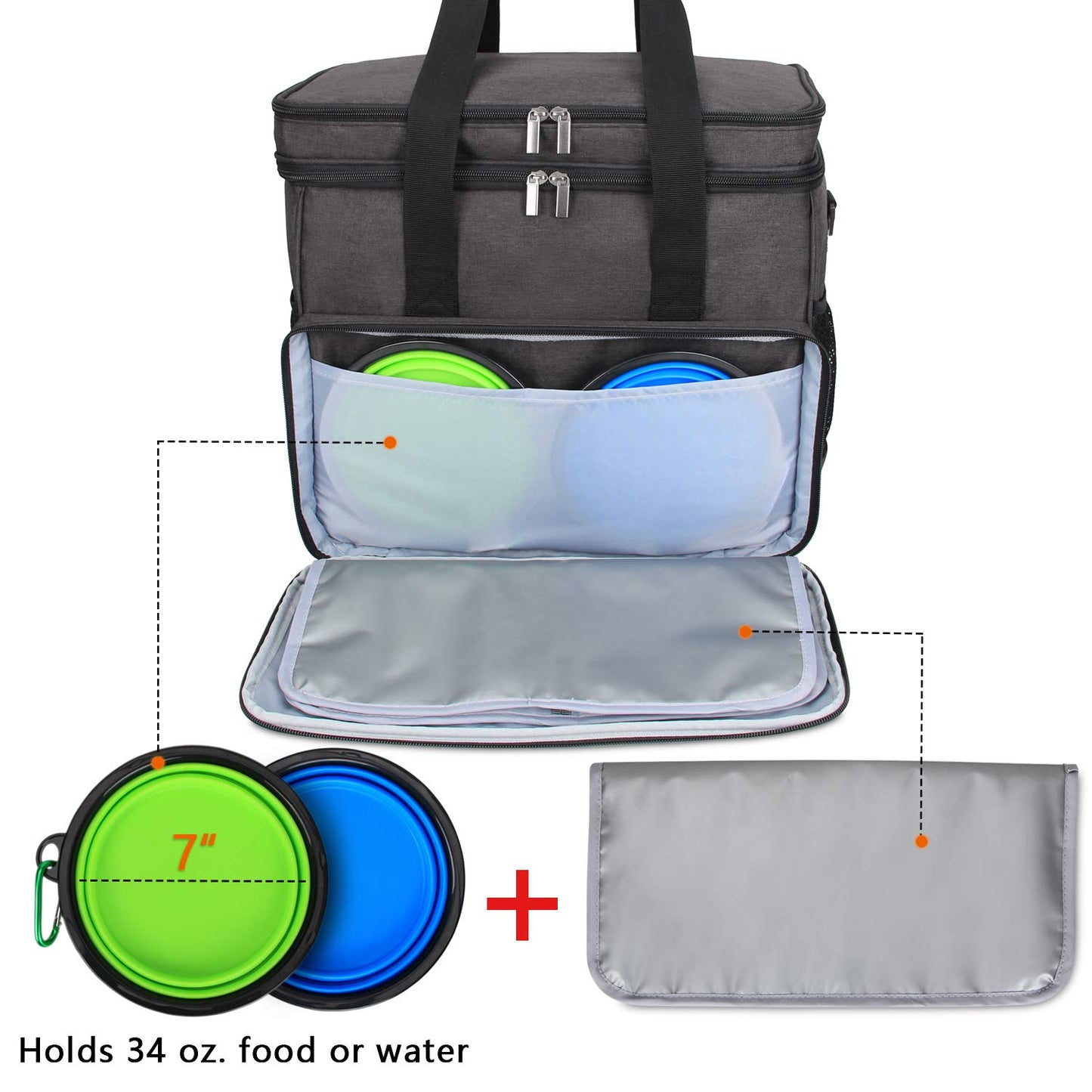 Teamoy Double Layer Dog Travel Bag with 2 Silicone Collapsible Bowls, 2 Food Carriers, 1 Water-Resistant Placemat, Pet Supplies Weekend Tote Organizer, Large, Black