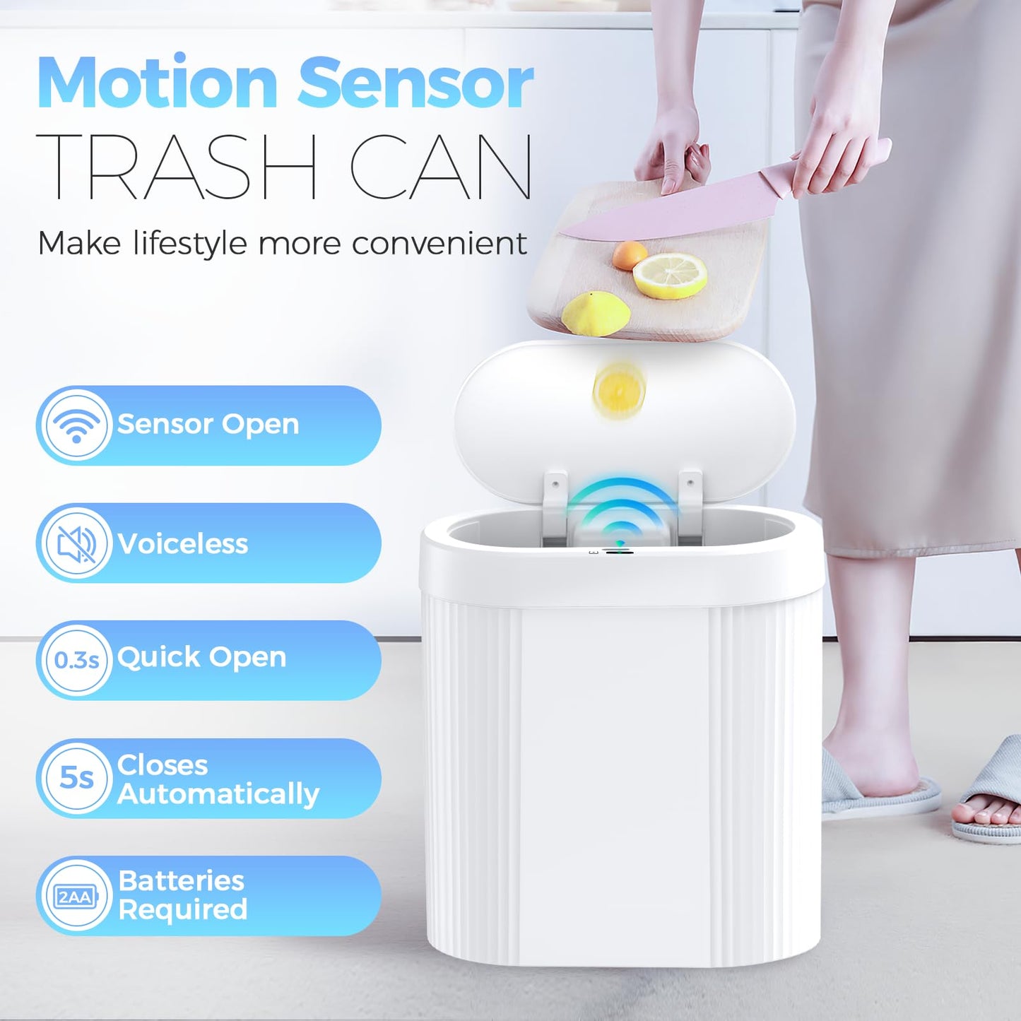 2 Pack 5 Gallon Bathroom Trash Can with Lid, Automatic Motion Sensor White Trash Can, Touchless Slim Waterproof Garbage Bin for Kitchen, Bedroom, Office, and Bathroom