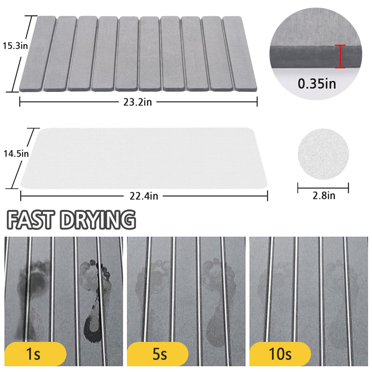 Stone Bath Mat for Bathroom, Stone Pet Feeding Mat, Dish Drying Mat for Kitchen, Diatomaceous Earth Bath Non Slip Drying Bathmat for Shower Floor, Bathroom Tub