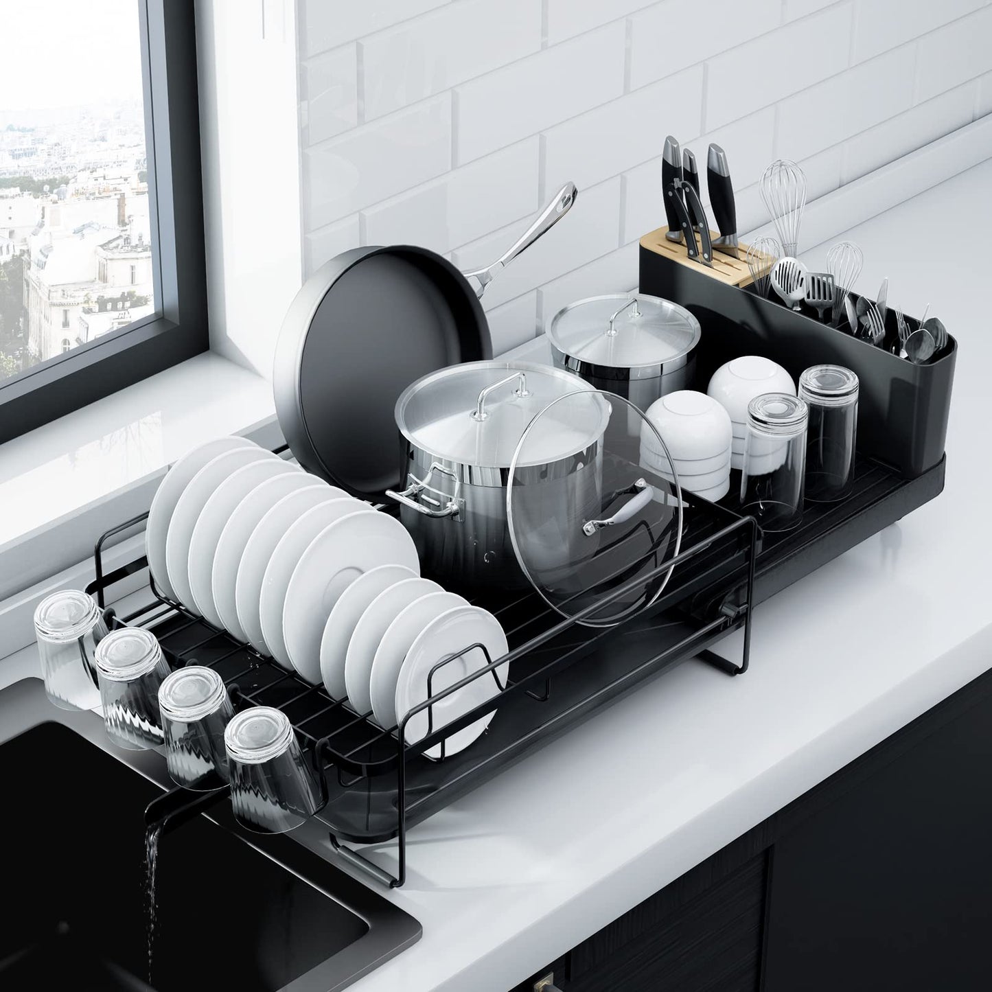 Kitsure Large Dish Drying Rack - Extendable Stainless Steel, Anti-Rust Kitchen Counter Rack with Cutlery & Cup Holders, 67.8 x 32.8 x 15.0cm, Black