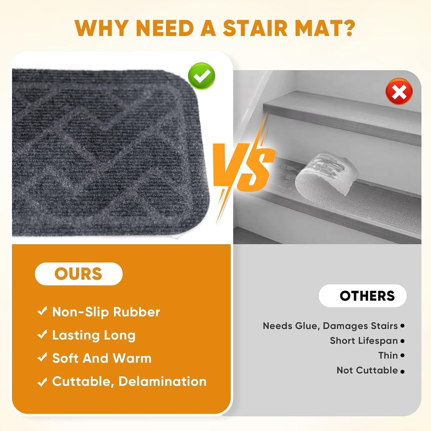 Stair Treads Non Slip, 15 Pack 8 "X 30" Stair Runners for Wooden Steps, Stairs Carpet Strips, Carpet Stair Treads Made of Polyester and Reusable Adhesive, for Kids, Elders and Dogs (Gray)
