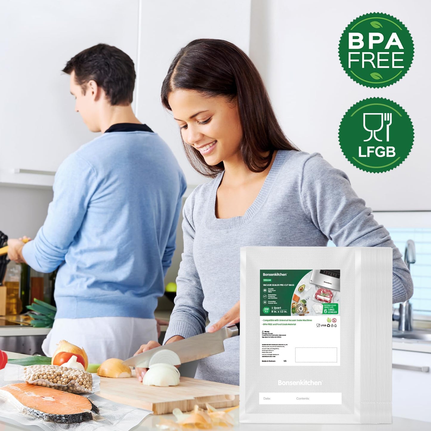 Bonsenkitchen Vacuum Food Sealer Bags 200 Quart 8" x 12", BPA Free, Commercial Grade Textured Food Vacuum Sealer Bag, Thick Embossed Bags for Food Storage and Sous Vide Cooking VB3208
