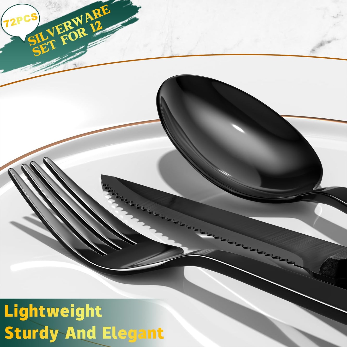 Yoehka 72 Pieces Black Silverware Set with Steak Knives, Stainless Steel Cutlery Set Service for 12, Durable Home Kitchen Eating Tableware Set, Include Fork Knife Spoon Dishwasher Safe