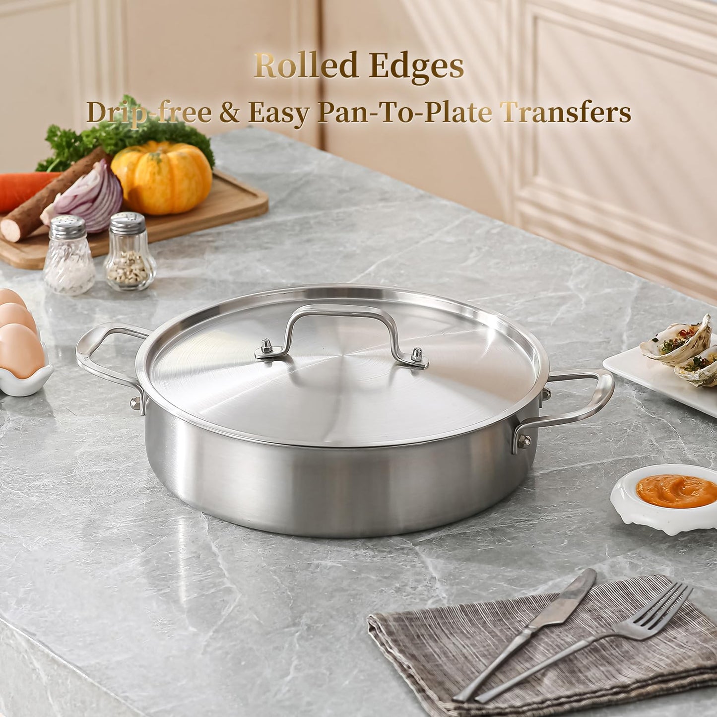 DELARLO Tri-Ply Stainless Steel 6 Quart Braiser Pan with Lid Induction Rondeau Pot with Lid 12inch Deep Frying Pan Large Saute Pan Heavy Duty Style Compatible with All Cooktops Up to 650℉