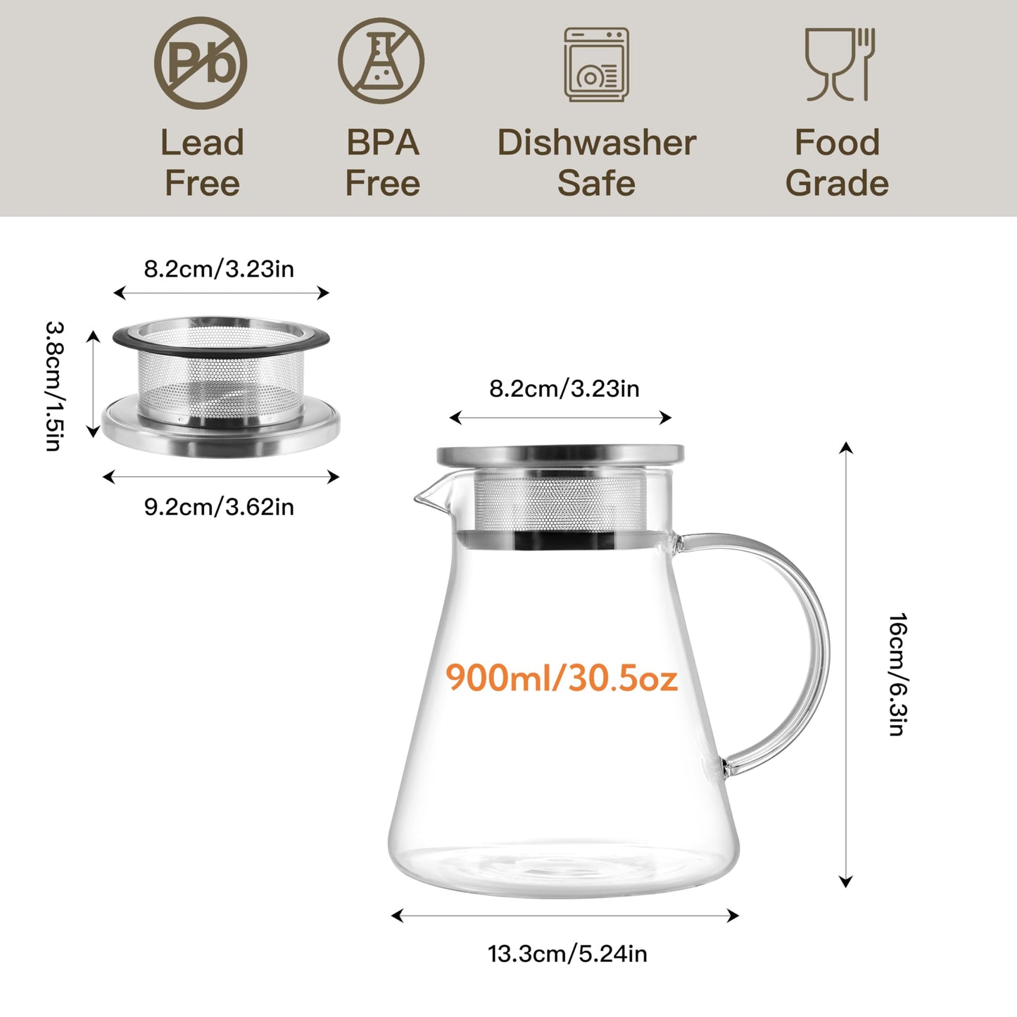 CNGLASS 30.5oz/900ml Glass Teapot Stovetop Safe,One-Touch Clear Tea Kettle,Blooming and Loose Leaf Tea Maker Set
