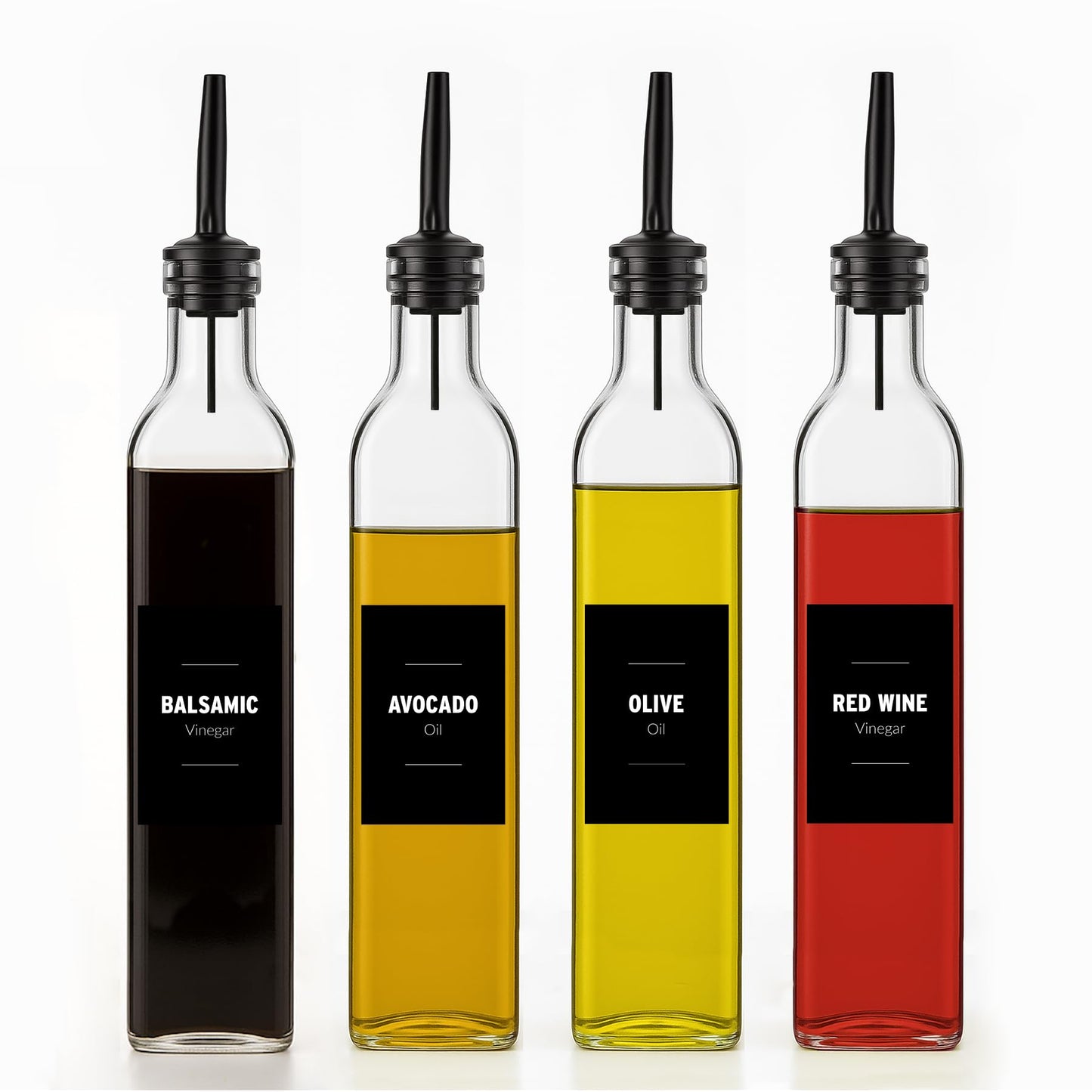Olive Oil Dispenser Bottle for Kitchen – Oil and Vinegar Dispenser Set of 4 (500ml) – Glass Cruet Bottles with Stainless Steel Pourers, Funnel & Labels for Cooking Oil, Soy Sauce, Vinegar