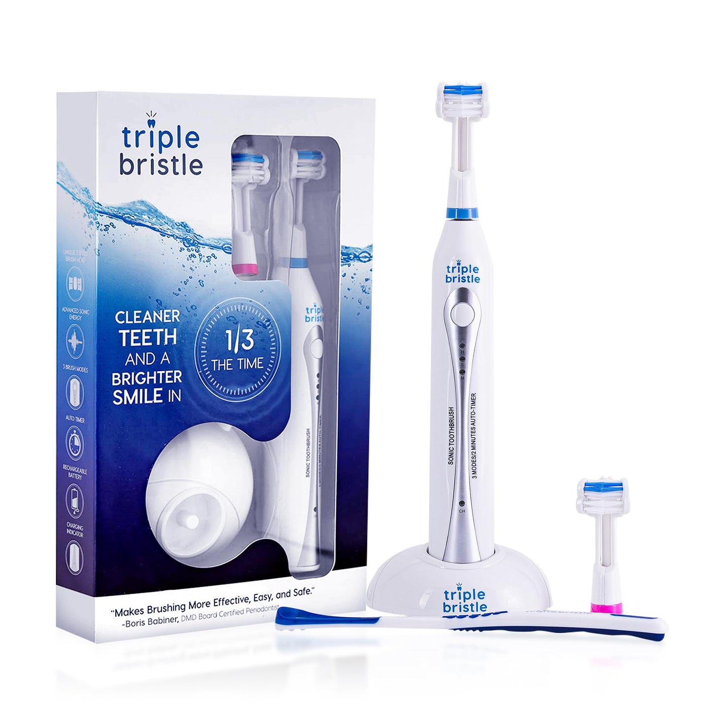 Whiter Teeth & Brighter Smile - Rechargeable 31,000 VPM Tooth Brush is Unique & Patented 3 Brush Head Design - Perfect Angle Bristles Clean Each Tooth
