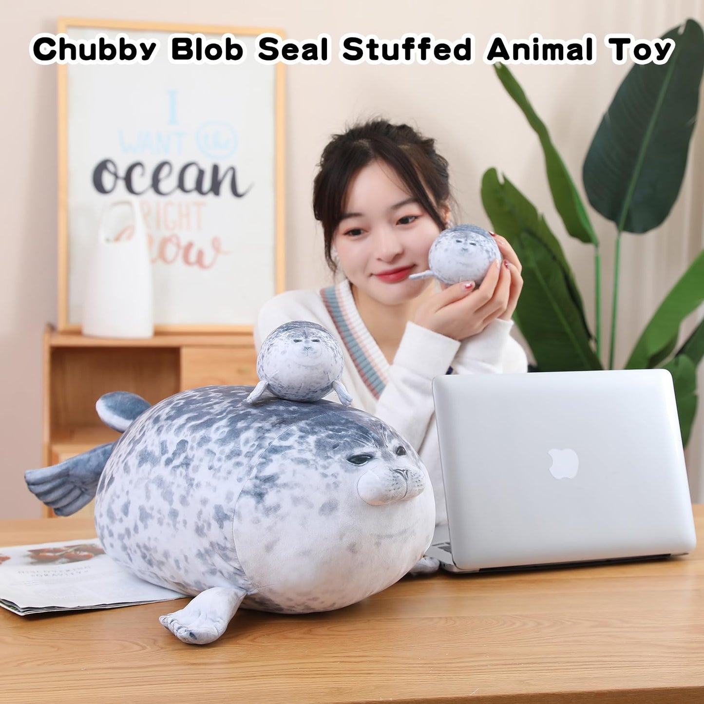SQEQE Chubby Seal Pillow Plush with 4 Baby Seal Plushies in Her Tummy, Stuffed Cotton Plush Animal Toy Gift for Kids