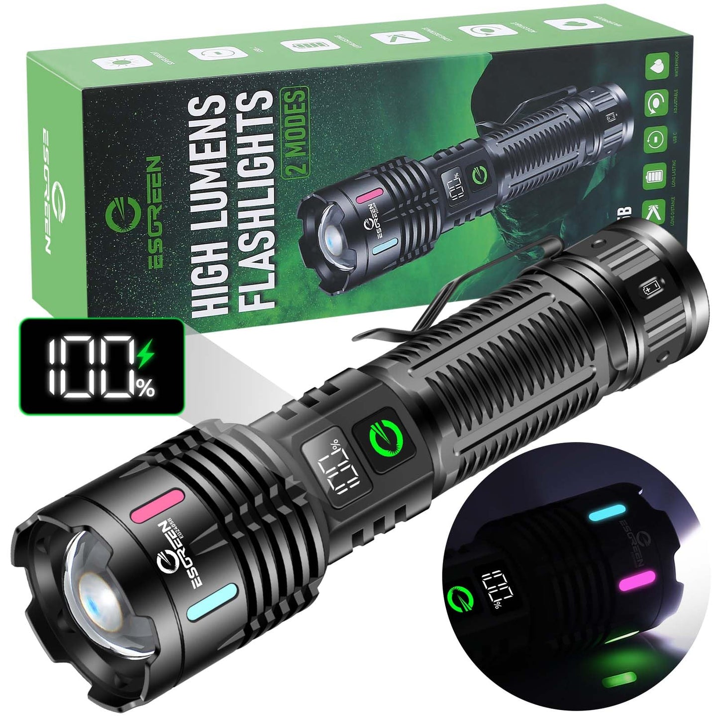 Esgreen Rechargeable Flashlights High Lumens 1,000,000, 2 Modes High/Low, Super Bright LED Flashlight USB C Long Distance 3280FT, Powerful Long Lasting 10H Strong Flash Light For Camping Hiking Travel