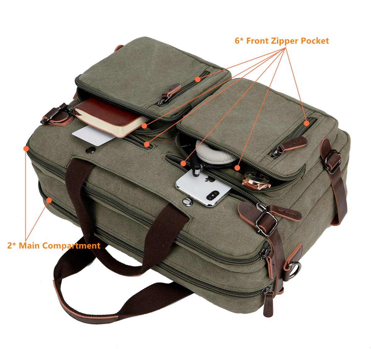 Baosha Convertible Briefcase Backpack 17 Inch Laptop Bag Case Business Briefcase HB-22, Amy Green, Large, Classic