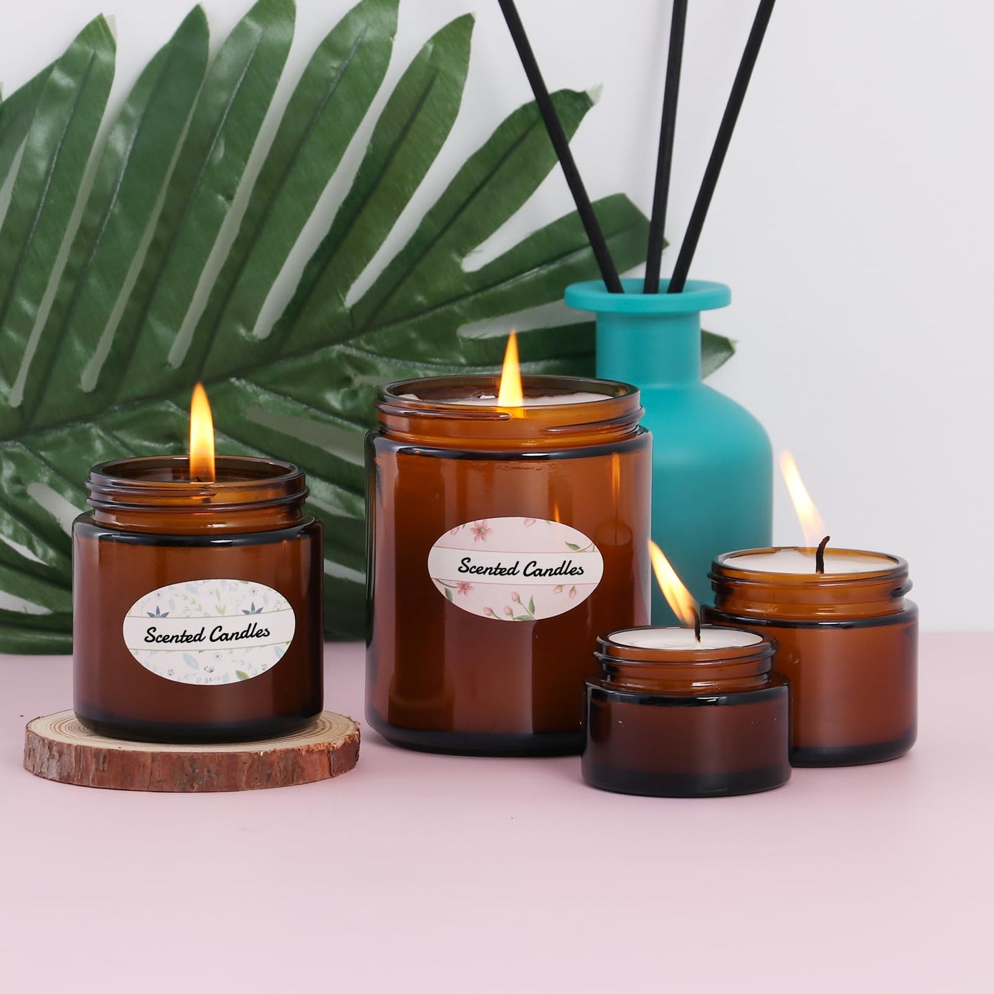 Alotpower 4 oz Amber Glass Jars 24-Pack With Spatulas & Floral Labels, Round Empty Jars With Lids for Scrubs, Lotions, Cosmetics, Candles (Set of 24)