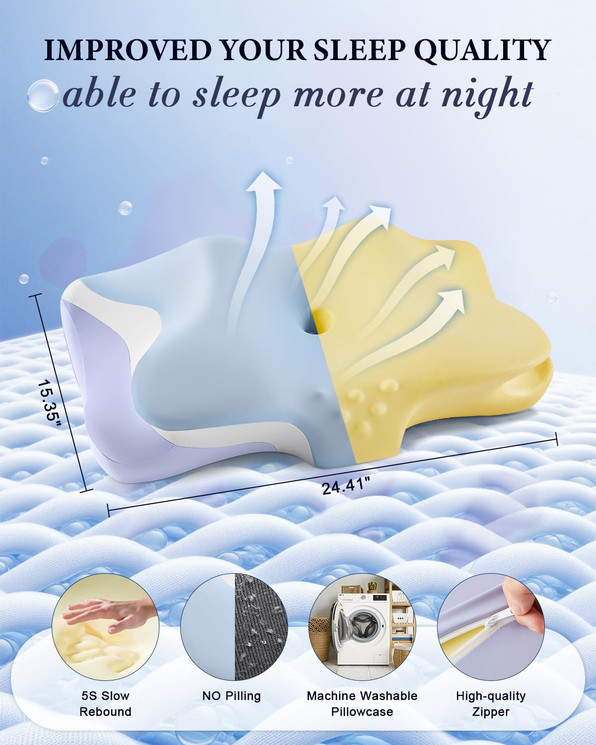 Cervical Pillow, Cooling Ergonomic Memory Foam Pillows for Sleeping with Luxury Anti-Pilling Pillowcase, Contour Deep Sleep Neck Support Pillow for Side Back Stomach Sleepers Queen Size (Blue)