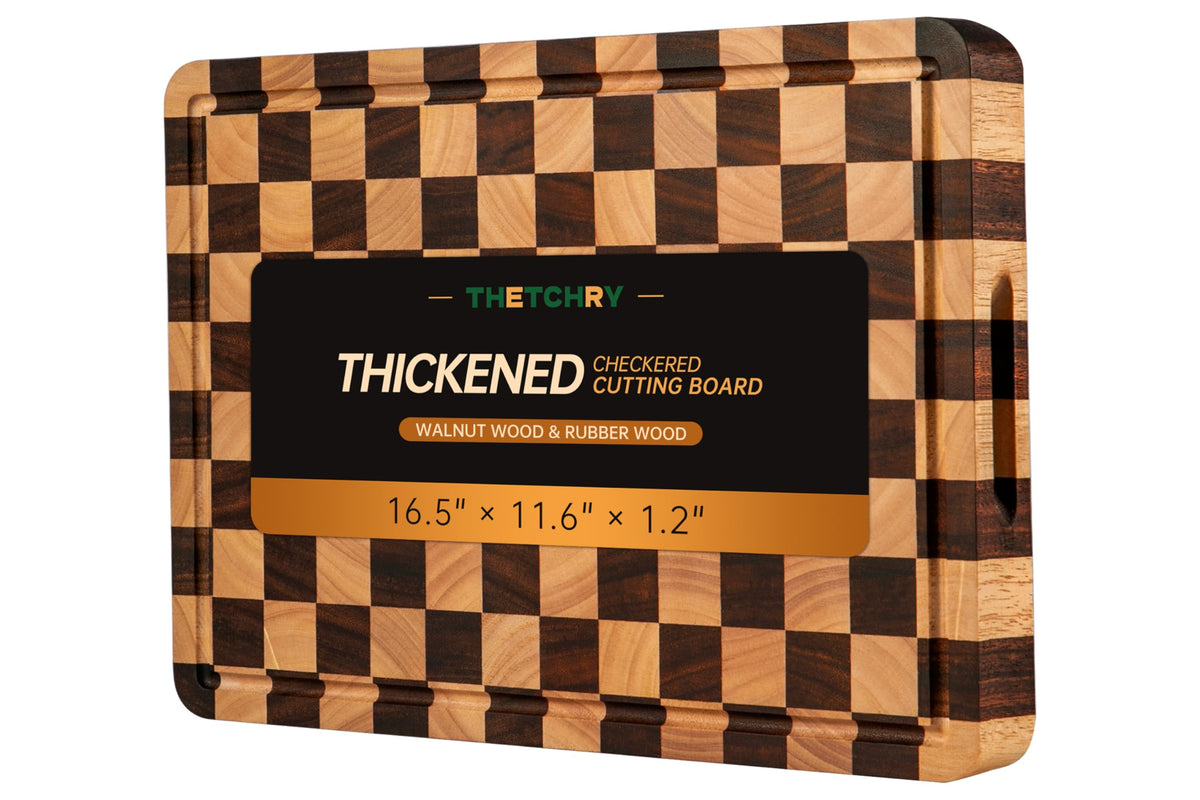 THETCHRY Cutting Boards for Kitchen, Thickened Checkered Cutting Board, Walnut & Acaia Wood Chopping Board with Juice Grooves & Handles, Double-Sided Large Butcher Block, 17" x 12" x 1.2"